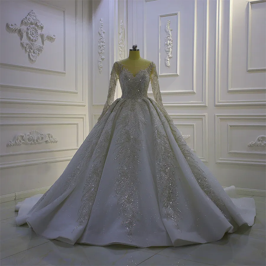 2022 New Large Size White Slim Long Sleeve Wedding Dress Bridal Gown For Women