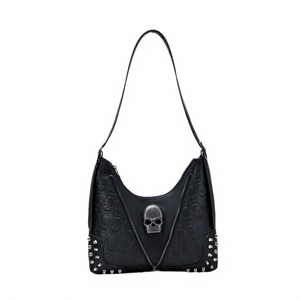 Sac Hobo en PU pour femme, style punk japonais, imprimé crâne, avec fermeture éclair, noir, gothique, sac à bandoulière d'été - Product Image 3