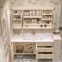 Ensemble de meuble-lavabo de salle de bain en chêne de style français avec vasque en céramique intégrée, comptoir en quartz, meuble sous-vasque couleur crème et miroir intelligent