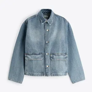 Individuelle Klassiker Y2K Denimjacke blau gewaschener Kragenjacke Herren Oberbekleidung mit Tasche