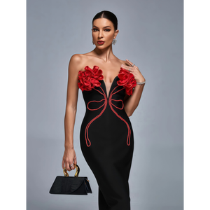 Elegante Abito da Sera Lungo per Donna, Moderno con Fiori 3D Rossi Naturali, Lussuoso Nero per Feste - Product Image 2