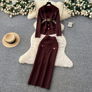 Conjunto de Dos Piezas para Mujer, Elegante, Otoño Invierno, Top de Punto <span class=keywords><strong>con</strong></span> Estampado Geométrico y Cintura Ajustable <span class=keywords><strong>con</strong></span> <span class=keywords><strong>Falda</strong></span> a Juego - Product Image 5
