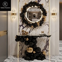 Console d'entrée moderne de luxe avec miroir mural décoratif LED, meubles de couloir noir et or