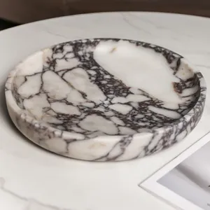 Factory direct sales interior room natural marbl tray round calaccata viola storage decor marble stone tray for home