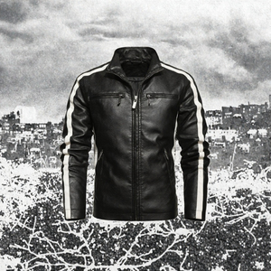 Veste en cuir PU pour homme, style motard, zippée, col montant, bandes latérales, vêtement d'extérieur hiver - Product Image 2