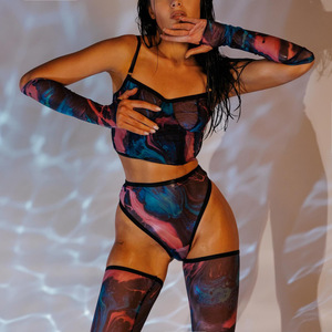 Tie Dye See Through Lencería con medias Sensual Mujer Ropa interior Guantes nuevo Sexy Hermoso conjunto íntimo - Product Image 4