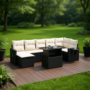 Ensemble de canapés en rotin d'extérieur moderne noir avec coussins crème, résistant à l'eau, en osier PE, mobilier de jardin au design contemporain - Product Image 2
