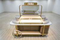 Maßgefertigter Schmuck-Pop-up-Kiosk, Verkaufsdisplay-Wagen mit Holzverarbeitung & Metallschränken, LED-Glasvitrine für Boutiquen
