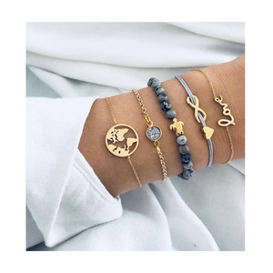 5 ensembles de perles grises tortue carte du monde serties de diamants et bracelet turquoise - Product Image 1