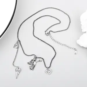 Silver Retro Design Love Angel Key Lock Ladies Necklace Jewelry Promotion Women New Year Gift No Fade Chain
