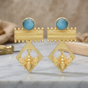 Gold Plated Ethnic Bee Design Engagement Drop <b>Earrings</b> with <b>Blue</b> Quartz Gemstone - Product Image 2