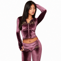 Ensemble de survêtement décontracté en velours pour femme, style Y2K personnalisé, de haute qualité, avec sweat à capuche zippé et pantalon évasé, 2 pièces, tenue de détente en velours