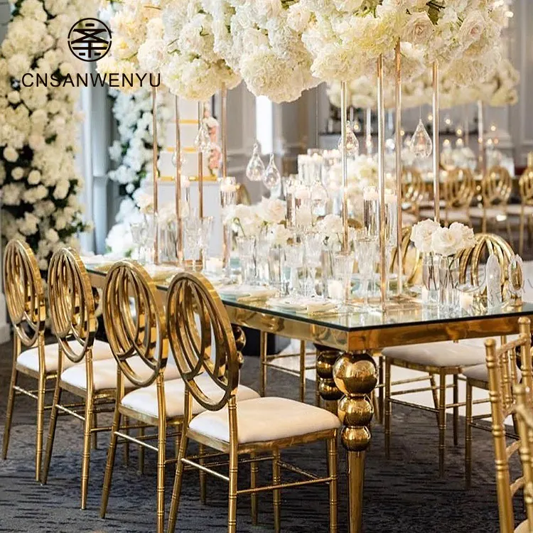 Cheap Commercial Luxury Gold Wedding Glass Table Stainless Steel rectangle Table