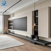 Ensemble de meuble TV mural et table basse en bois de luxe, finition grain de bois, facile à nettoyer, personnalisable pour la décoration intérieure