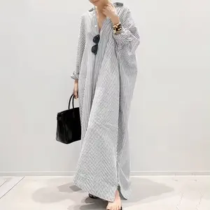 2022 Hot Sale Cotton Linen Dress Yarn Dyed Striped Shirt Summer Shirt dress Plus Size Maxi Dresses