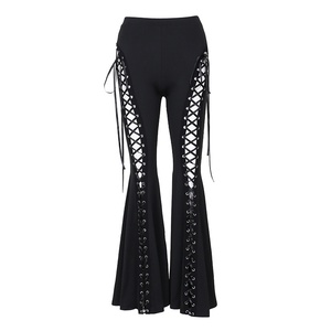 Gothic Style Streetwear Women's Lace-Up High-Waist Flare Pants with Chain Belt-Full-Length Polyester Spandex <strong>Fishnet</strong> Underlay - Product Image 5