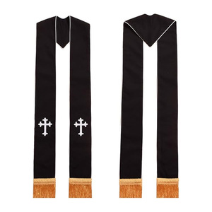 Étole noire pour clergé avec broderie croix rouge et pompons pour prêtres, pasteurs, moines, en coton et polyester, collection Printemps 2025 - Product Image 2