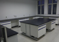 Banc de laboratoire en acier et bois avec plateau en résine époxy et armoire de rangement pour laboratoire universitaire