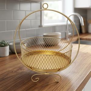 Modern <b>Round</b> Metal <b>Storage</b> <b>Basket</b> Gold Finish Durable Welded Design Standing Type for Living Room Neatening - Product Image 5