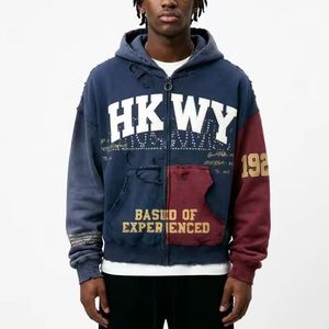Sweat à capuche zippé surdimensionné avec logo personnalisé, effet vieilli, lavage vintage, blocs de couleur, strass, 400 GSM, pour homme, style streetwear Y2K - Product Image 2