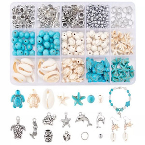 Diy Jewelry <b>Set</b> Shell <b>Beads</b> Seashell Starfish Turtle Dolphin Charms For Kids Craft Making Toys 15 Grids Natural Wind Color - Product Image 1