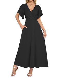 Robe longue élégante noire à col en V et manches courtes, coupe trapèze, en mousseline, avec ceinture à nouer, pour soirée, respirante, couleur unie, toutes saisons, vêtements pour femmes - Product Image 2