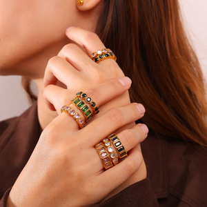 Fashion <b>Rings</b> <b>Set</b> Multi Color Stone <b>Gold</b> Rim Geometric Shape Party Women's Jewelry - Product Image 1