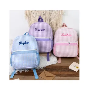Child Christmas Gifts School Backpack Embroidery Backpack For Toddler Seersucker Gingham Kids School Bag