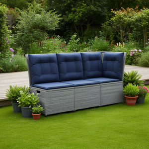 Outdoor Garden Sofa Three Seat Gray PE Rattan Navy Blue Cushions Powder Coated Steel <b>Frame</b> Contemporary Design - Product Image 2