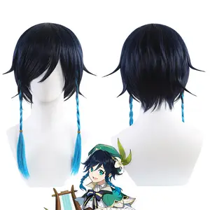 Venti Cosplay wig for Genshin Impact Blue Long Synthetic Hair wigs Ponytails Bangs for Men Women Halloween Party Cosplay Wig