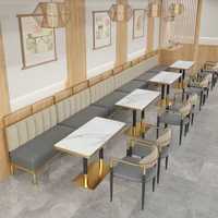 Ensemble table et chaises de salle à manger italien, style moderne minimaliste de luxe léger, surface en acier inoxydable avec bordure enveloppée, pour restaurant, hôtel, bar