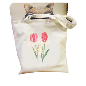 Bolsa de lona de algodón blanca con estampado floral de tulipanes en acuarela y asas dobles para mujer, para compras, uso diario, tamaño mediano - Product Image 1