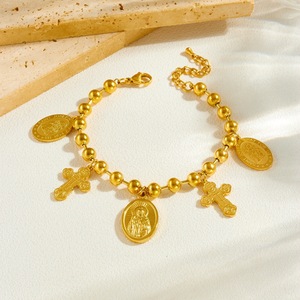 European American <b>Cross</b> Border Gold Plated <b>Cross</b> Oval Relief Pendant Beaded <b>Chain</b> Necklace Set Unisex Religious Ceremonies - Product Image 3