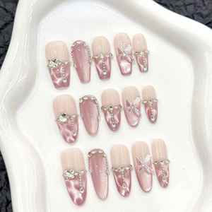 <span class=keywords><strong>Uñas</strong></span> Acrílicas Hechas a Mano Estilo Francés con <span class=keywords><strong>Mariposas</strong></span> Rosas, 10 Piezas, <span class=keywords><strong>Uñas</strong></span> Postizas al por Mayor, <span class=keywords><strong>Uñas</strong></span> <span class=keywords><strong>de</strong></span> <span class=keywords><strong>Diseño</strong></span> para Presionar - Product Image 1