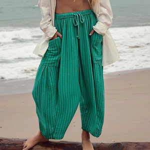 Nuovi <span class=keywords><strong>Pantaloni</strong></span> Larghi da <span class=keywords><strong>Donna</strong></span> a Vita Alta con Pieghe, in Cotone e <span class=keywords><strong>Lino</strong></span>, con Elastico in Vita, Casual, per l'Estate 2026 - Product Image 1