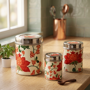 Classic Floral Printed Stainless steel Food Containers Airtight Round <b>Storage</b> <b>Jars</b> <b>for</b> <b>Kitchen</b> Use 1-3L Capacity - Product Image 5