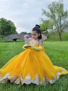 Vestidos de Niña de las Flores Amarillos Personalizados <span class=keywords><strong>para</strong></span> Boda, Apliques de Encaje y Tul con Lazo, Primera Comunión, <span class=keywords><strong>Vestido</strong></span> Clásico <span class=keywords><strong>para</strong></span> Banquete de Cumpleaños - Product Image 4