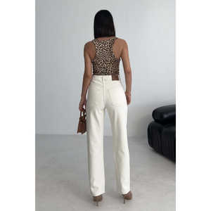 กางเกงยีนส์ทรงตรงแบบมัมฟิตสำหรับผู้หญิง เอวสูง ผ้าเดนิม 100% ผ้าฝ้าย ซักได้ สีขาว สไตล์ยีนส์ - Product Image 5