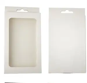 Boîte en papier kraft blanc/noir avec fenêtre en pvc pour étui de téléphone portable, boîte d'emballage universelle pour étui de téléphone de détail avec trous de suspension
