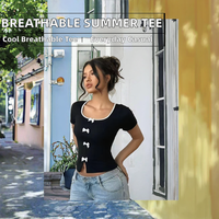 T-shirt décontracté d'été pour femme à manches courtes, respirant, en Spandex/Polyester, motif uni, tissu tricoté teint uni