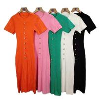 Robe longue décontractée en maille naturelle unie à manches courtes et coupe ajustée pour femme, modèle I-0619, collection été haut de gamme