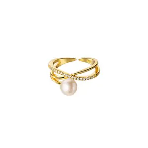 925 Sterling Silver X Ring Cz Cross Stackable Finger Pearl Rings Adjustable