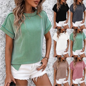 T-<span class=keywords><strong>shirt</strong></span> <span class=keywords><strong>long</strong></span> en toile ample à col rond et manches courtes torsadées, nouveau style été 2026 pour femmes européennes et américaines - Product Image 1