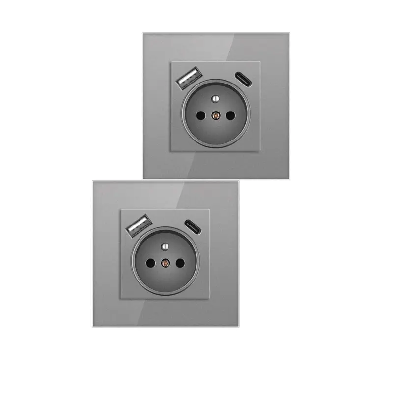 Grey tempered glass panel wall socket home EU Standard 86 Type 16A French socket with Type C fast charging