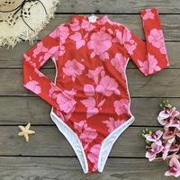 JSN Op maat gemaakte sexy badkleding voor vrouwen, patchwork badpak, surf badpak, strandkleding, rood roze badpak met lange mouwen en omslagdoek