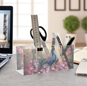 Organisateur de vanité en acrylique imprimé UV motif paon esthétique, support multifonctionnel pour pinceaux de maquillage et boîte de rangement de papeterie de bureau - Product Image 2