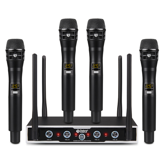 Debra 4-Channel UHF Wireless Dynamic Headset Microphone System Handheld with Lavalier Clip Mic for Singing