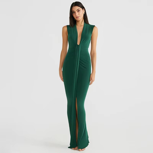Robe <span class=keywords><strong>maxi</strong></span> d'été pour femmes sans manches mince gelée avant fendue pièce à main détail décontracté toucher robe en soie - Product Image 2