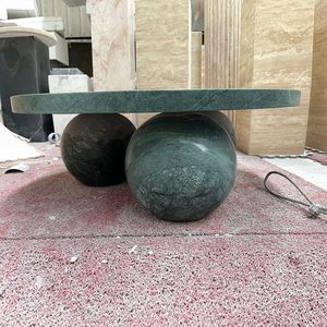 Mesa de Centro Redonda de Mármol Verde Oscuro de Diseño Moderno con <span class=keywords><strong>3</strong></span> Esferas y Patas de Pedestal - Product Image 1