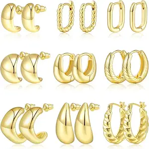 9 Pairs Of Gold Hoop Earring Set 14K Plated Genuine Gold Earrings Fashionable Low Allergenic Thick Open Earring Set